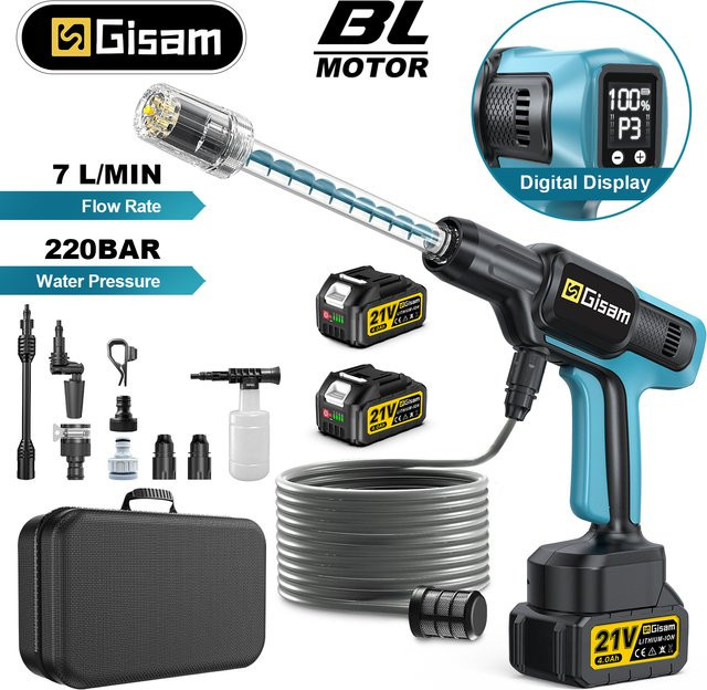 Gisam Bürstenloser Elektrischer Hochdruckreiniger 220Bar mit 5-in-1 Autowasch-Gartenwasserpistole in Blau für Makita 18V Akku - Bild 1