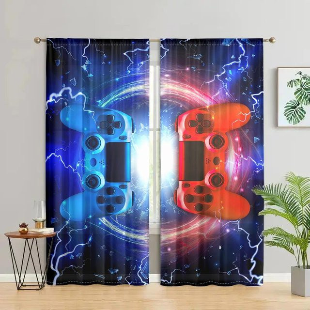 2er-Set Retro Street Style Gamecontroller Vorhänge in Blau und Rot, halbtransparent mit Rod Pocket für Wohnzimmer und Jugendzimmer, B: 200 cm, H: 220 cm - Bild 1