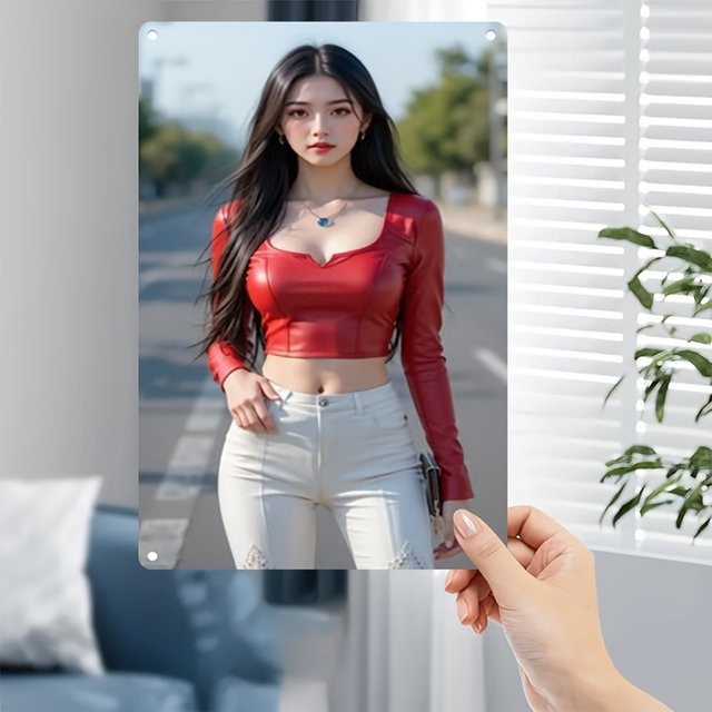 HELLOYOUNG Vintage Metallschild Wandkunst mit rotem Porträt einer koreanischen Schönheit für dein Home Cafe oder Bar Dekor - Bild 1