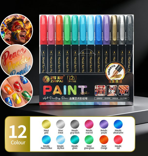 ZHIPAI Permanente Pinsel-Metallmarker im 12er Set, Mehrfarbige Tintenmarker für kreative Gestaltung auf Stein und Dekorationen - Bild 1