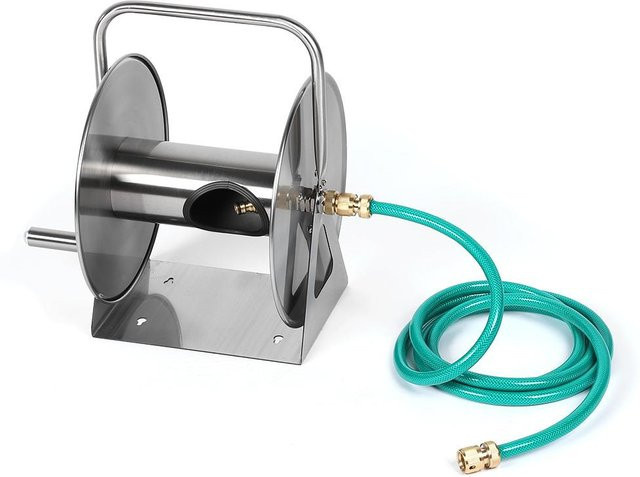 Aimo Edelstahl Metall-Schlauchaufroller für Hochdruckreiniger mit 1/2 Zoll UK Schnellkupplung in Silber - Bild 1