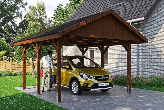 Satteldach-Carport Wallgau von SKANHOLZ in Nussbaum mit schwarzen Schindeln, B/T: 430 x 500 cm, Höhe: 326 cm - Bild 1