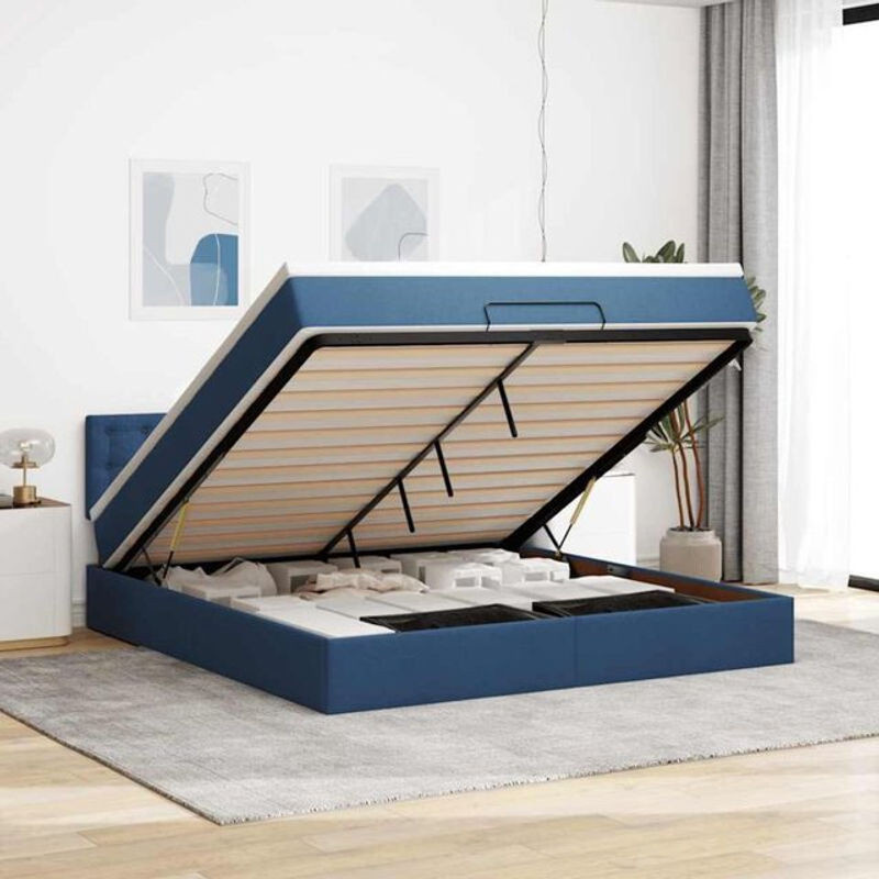 vidaxl Ottoman Polsterbett mit Matratze und LED-Beleuchtung in Blau aus Stoff, B/T: 160 x 200 cm - Bild 1