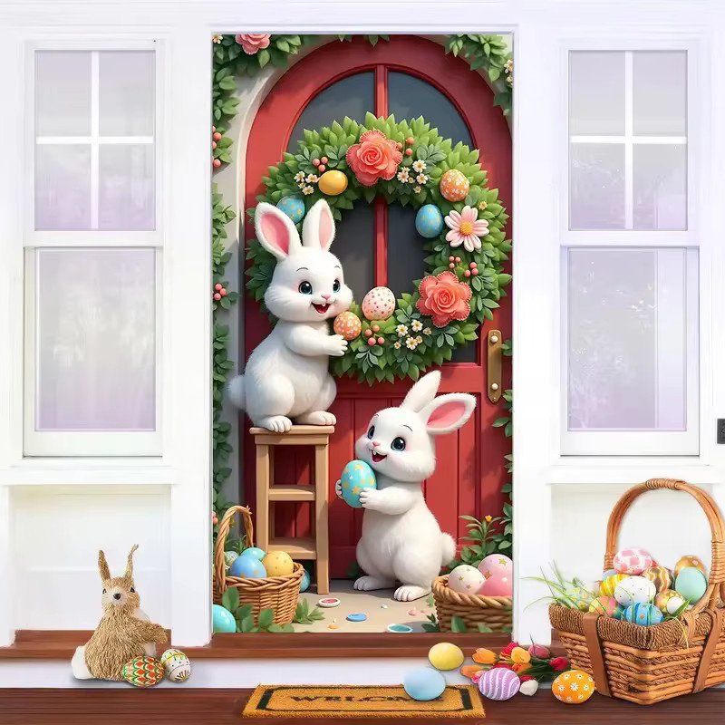 DRIHANCO Osterhase 2D-Türflagge als Seidenschild zum Aufhängen mit blauer Schleife in Mehrfarbig - Bild 3