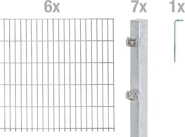 Metallzaun Doppelstabmatte Grund-Set aus Stahl, feuerverzinkt, Farbe: Silber, Breite: 6 m, Höhe: 0,8 m, Tiefe: 0,5 m - Bild 1