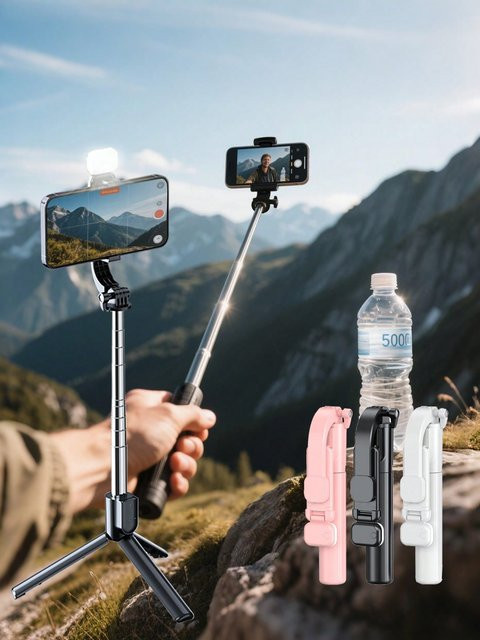 Kabelloser Selfie-Stick mit Stativ, Bluetooth-Fernbedienung und Beleuchtungsständer in Weiß und Multicolour - Bild 1