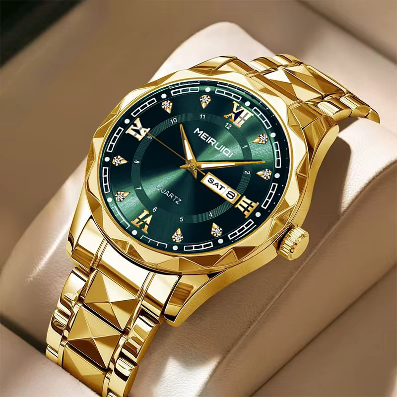 MEIRUIQI Armbanduhr Quarz, Edelstahl, Gold, Grün, Herren - Bild 2