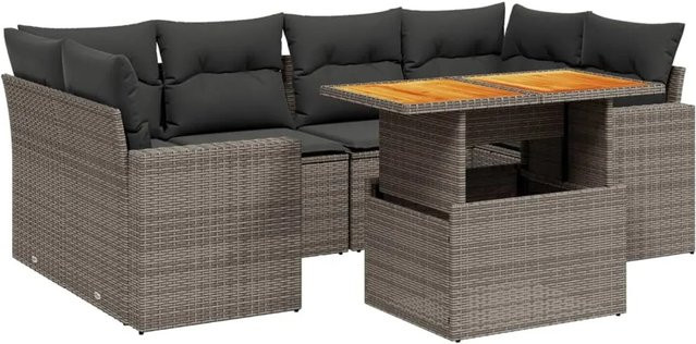 vidaXL 7-teilige Garten-Sofagarnitur aus Poly-Rattan und Akazienholz in Grau mit Kissen - Bild 1