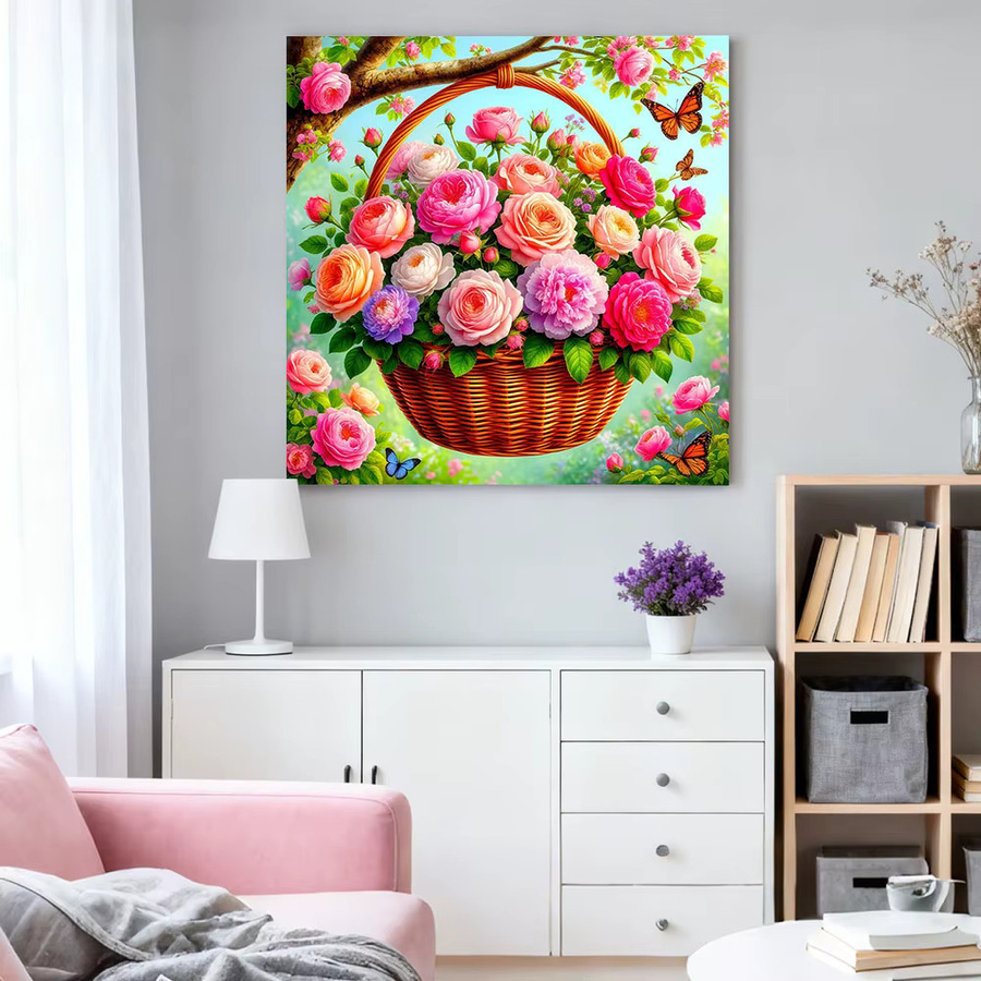 HUACAN Diamantmalerei Set mit Rosen, Pfingstrosen und Gänseblümchen als Mosaik-Blumenkorb zur Wanddekoration, Mehrfarbig, Durchmesser: 20 cm - Bild 2