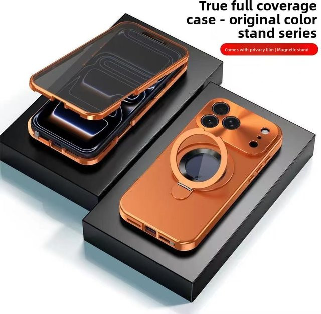 Apple Handyhülle mit magnetischer Halterung und Metallrahmen für iPhone 15, 16 Pro Max, 17 und 18 in Silber - Bild 1
