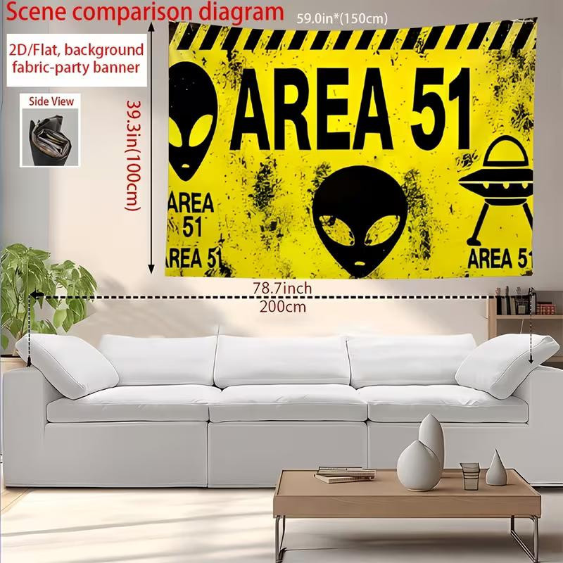 Xinghonghui Area 51 Alien UFO Warnbanner Hintergrund aus Polyester, Gelb und Schwarz, B: 230 cm, H: 180 cm - Bild 5