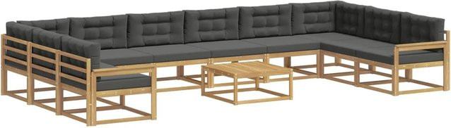 vidaXL Outdoor-Sofagarnitur in U-Form aus massivem Akazienholz mit 11 Kissen in Anthrazit und Weiß - Bild 1