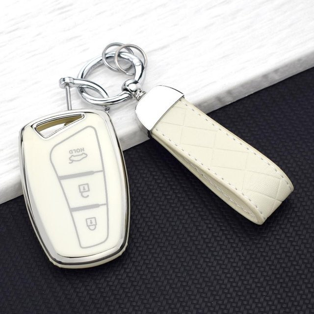 TPU Fernbedienung Schlüsselhülle mit 3 Tasten in Weiß für Hyundai Santa Fe, Grand Santa Fe, IX45, Azera, Grandeur HG, Genesis, G80 und Equus - Bild 1