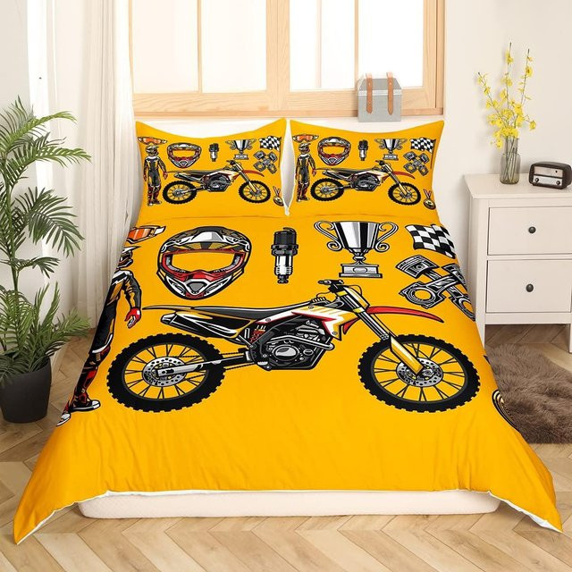 Motocross Bettwäscheset Binchi Outdoor Product in Gelb, 3-teiliges Set aus Mikrofaser mit Bettbezug und Kissenbezügen, B/H: 150 x 200 cm - Bild 1