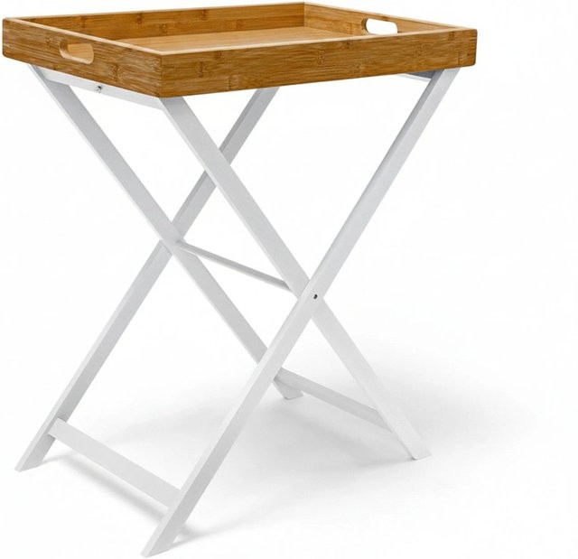 Relaxdays Tabletttisch aus Bambus in Natur und Weiß, zusammenklappbar, B/T/H: 72 x 60 x 40 cm - Bild 1