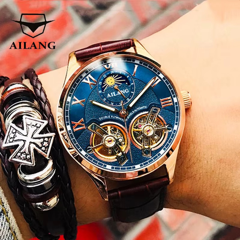 AILANG Armbanduhr Automatik, Doppel Tourbillon, Roségold, Edelstahl, Leder, Blau, Herren - Bild 5