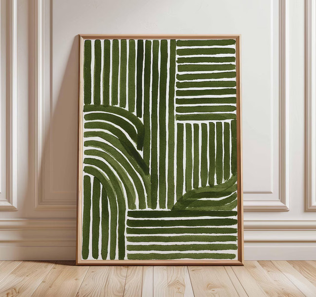 Grünes abstraktes Linienkunst-Poster von SHENCHEN – Modernes geometrisches Paper Poster im Mid-Century Stil als zeitgenössische Wanddekoration - Bild 1