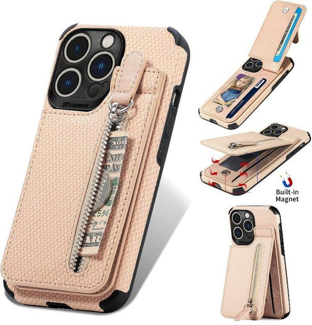 Magnetische Handyhülle mit Reißverschluss und Kartenfach für Xiaomi 12T Pro, iPhone und Samsung, Farben: Gold und Beige - Bild 1