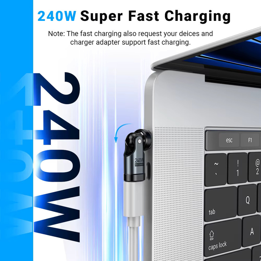 AUFU 240W USB-C Adapter mit 5A Schnellladefunktion, rotierbarer USBC-Stecker auf Typ-C Buchse Konverter in Schwarz für iPhone, Laptop und Macbook - Bild 2