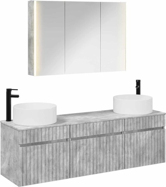 vidaXL Badezimmerschrank-Set 4-teilig in Betongrau mit LED-Beleuchtung und Spiegelschrank, B/T/H: 103,5 x 15,5 x 70 cm - Bild 1
