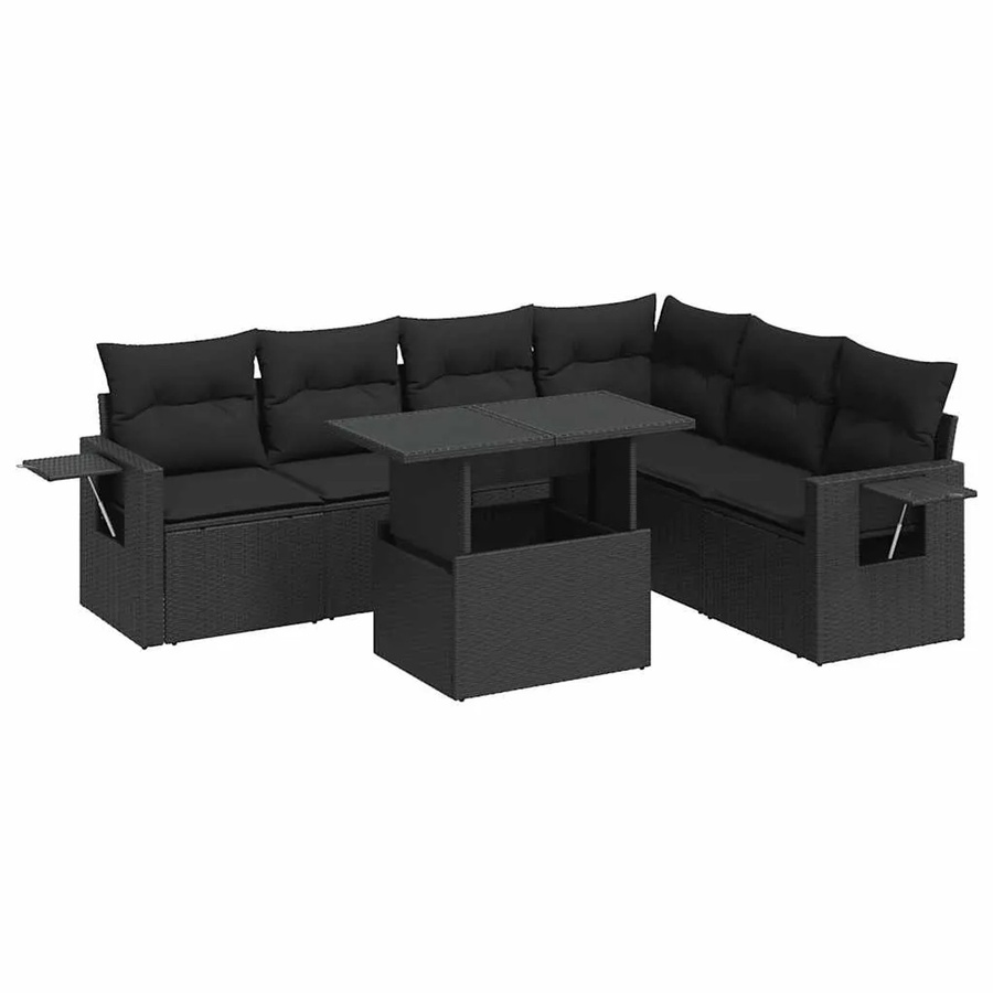 vidaXL 7-teilige Garten-Sofagarnitur in L-Form aus schwarzem Poly-Rattan mit wetterfesten Kissen und pulverbeschichtetem Stahlgestell - Bild 2
