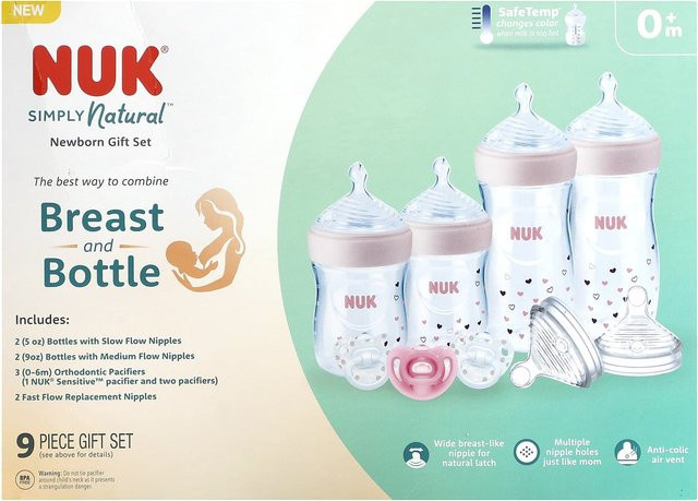 NUK Simply Natural Babyflasche mit SafeTemp Geschenkset für Neugeborene, 9-teilig, weiß, BPA-frei mit Anti-Kolik-Ventil - Bild 1