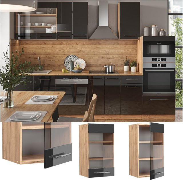 Vicco Küchen-Hängeschrank Fame-Line in Eiche und Anthrazit mit Glastüren und Softclose-Scharnieren, Breite: 40 cm - Bild 1