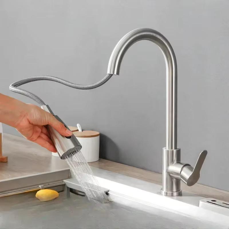 YXS Küchenarmatur mit herausziehbarer Brause und Stream-Sprühkopf, Einzelloch-Mischbatterie für die Küchenspüle, Chrom/Schwarz - Bild 2