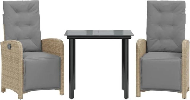 vidaXL 3-teiliges Bistro-Set aus Poly-Rattan in Beige mit Kissen und Hartglas Tischplatte, B/T/H: 60 x 110 x 60 cm - Bild 1