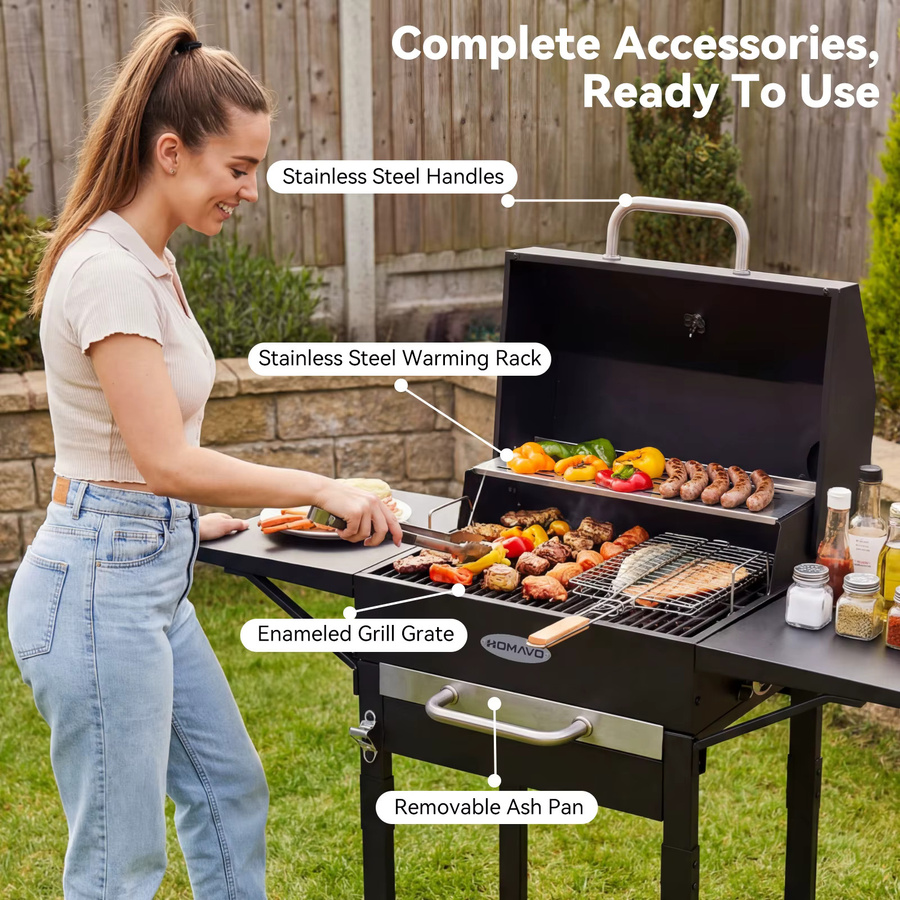 HOMAVO Holzkohlegrill in Schwarz mit emailliertem Grillrost, Warmhalterost, Thermometer, Kamin, Seitentisch und Rollen, B/T/H: 106,5 x 43,7 x 106 cm - Bild 2