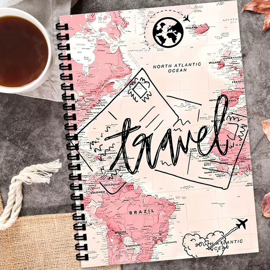 Spiral-Notizbuch Weltkarten-Reisetagebuch in Pink, A5 Softcover mit linierten Seiten aus Papier und Karton-Einband - Bild 3
