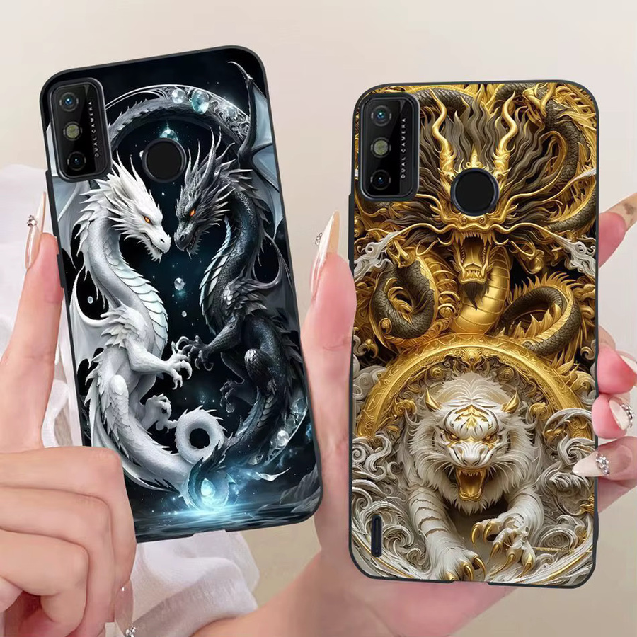 Handyhülle aus weichem Silikon mit Cool Dragon Tiger Muster für Tecno Spark Go 2020, Spark 6 Go, KE5j, KE5k und KE5S in Schwarz und Multicolour - Bild 1