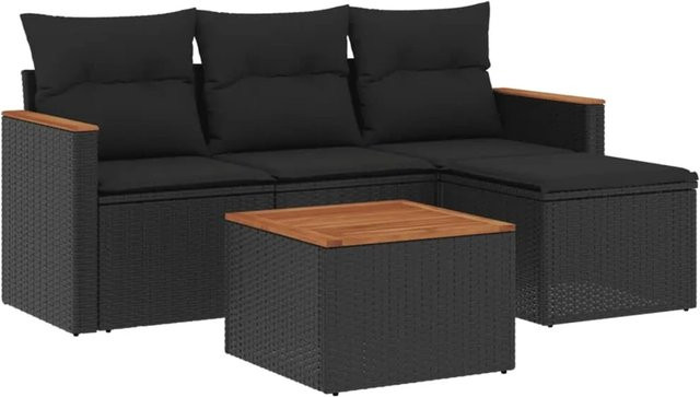 vidaXL 5-tlg Garten-Sofagarnitur aus Poly-Rattan und Akazienholz mit Kissen in Schwarz - Bild 1