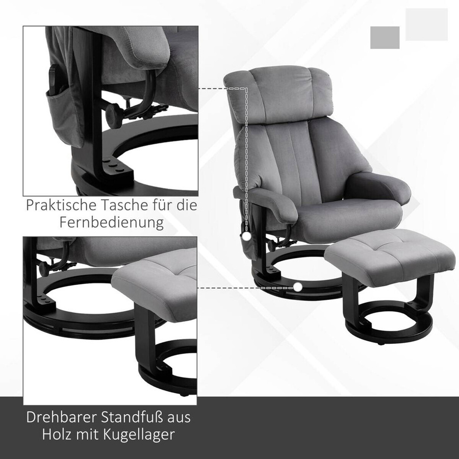 HOMCOM Massagesessel mit Liegefunktion und Hocker in Grau mit Samtbezug, B/T/H: 76 x 80 x 102 cm - Bild 3