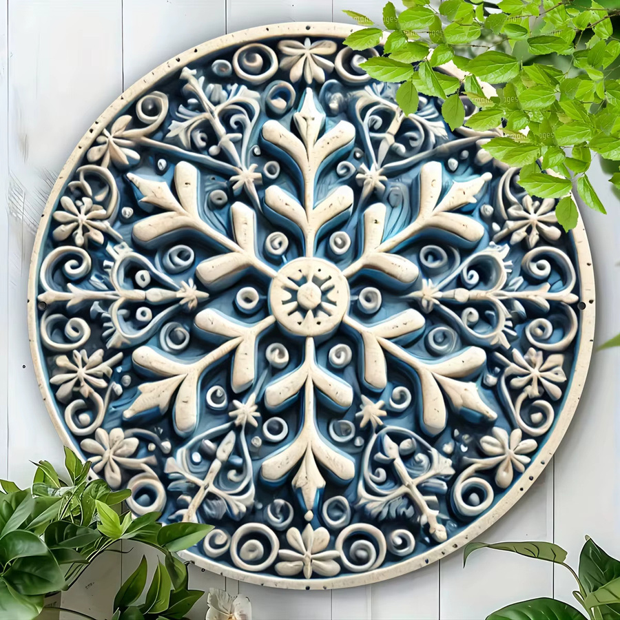 Potdemiel Runde Wanddekoration aus Metall im Vintage-Stil mit Schneeflocken-Motiv, Blau und Weiß, Durchmesser: 20,3 cm - Bild 5