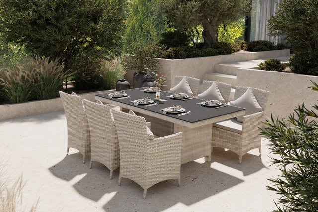 OUTFLEXX Garten-Essgruppe für 6 Personen aus Aluminium und Polyrattan in Beige mit Esstisch B: 200 cm, T: 95 cm, H: 75 cm - Bild 1