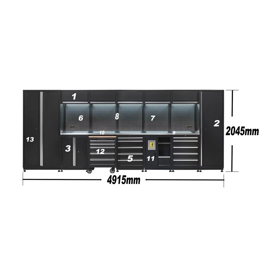 Schwarzer Garagenschrank mit 4 Schubladen und Edelstahl-Arbeitsplatte, abschließbarer Werkzeugaufbewahrungsschrank mit Sicherheits-Rückwandpaneel, B/T/H: 491,5 x 204,5 x 356 cm - Bild 2