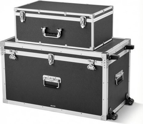 VEVOR Metal Storage Trunk Set aus 2 Stück, dekorative Aufbewahrungsboxen aus Holz und Metall mit Schlössern, Rollen und Griffen, Farbe: Schwarz
