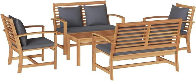 vidaXL Gartenmöbel-Set aus Massivholz Teak in Braun mit 4 Stühlen und 1 Tisch inklusive Kissen - Bild 1