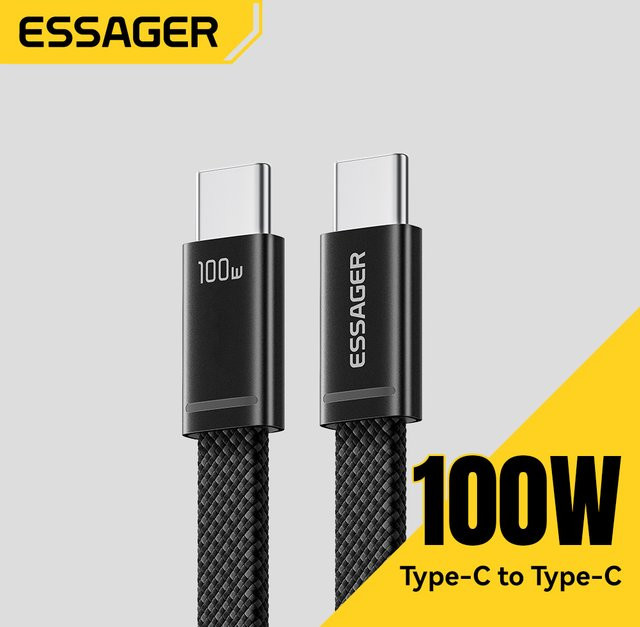 ESSAGER USB-C auf USB-C Slim-Kabel 100W 5A PD Schnellladekabel in Schwarz - Bild 1