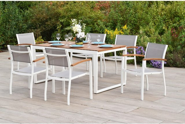 Merxx Gartenmöbel-Diningset Naxos, 7-tlg. mit 6 Sitzplätzen, ausziehbarer Tisch und Stapelsesseln, Aluminium und Akazienholz, Weiß - Bild 3