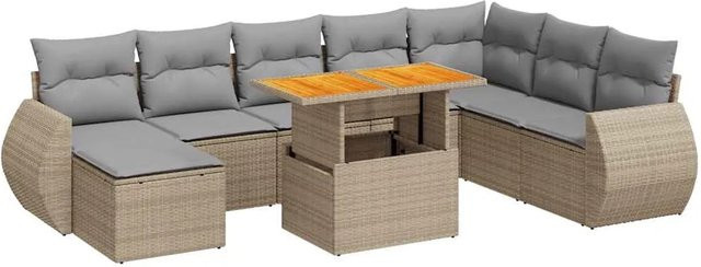 vidaXL 9-teilige Garten-Sofagarnitur in L-Form aus Poly-Rattan und Akazienholz in Beige-Grau mit UV-beständigen Kissen - Bild 1