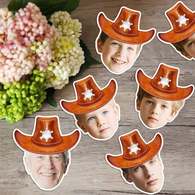 20 Stück Personalisierte Cowboyhut Gesichtsaufkleber in Braun für Geburtstagsdeko und Partyzubehör - Bild 1