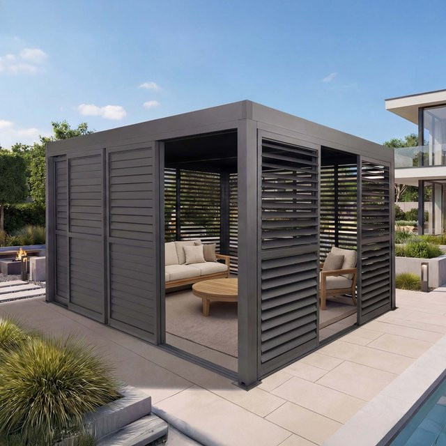 Alu Pergola MCW-L46 Terrassenüberdachung mit Lamellenpaneelen und Schiebetüren, Anthrazit, B/T: 400 x 300 cm - Bild 1