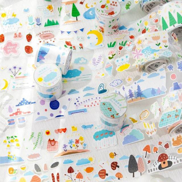 TIANZI Selbstklebendes PET-Klebeband mit Cartoon-Landschaft Motiv, Multicolour, Breite: 50 mm, Länge: 2 m - Bild 1