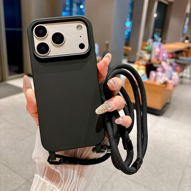 Stoßfeste Crossbody Lanyard Silikon Hülle für iPhone 16 15 14 13 Pro Max Plus in Schwarz - Bild 1