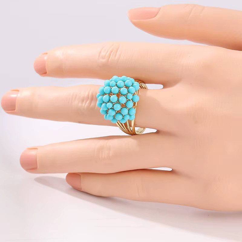 YoYo Ring, Imitationsperlen, Blau, Goldüberzug, Messing, Damen, Vintage - Bild 2
