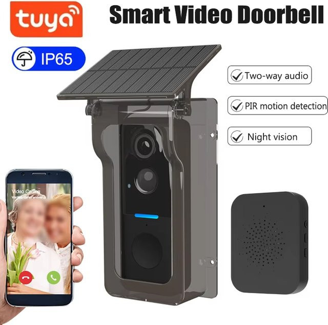 Tuya Solar Türklingel mit Kamera, WiFi Video Intercom und Bewegungserkennung, Wasserdicht mit Regenabdeckung, Schwarz und Transparent - Bild 1