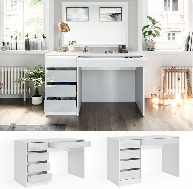 Vicco Schminktisch Sherry Weiß Hochglanz mit Hollywood LED modern B: 120 cm, T: 75 cm, H: 75 cm - Bild 1