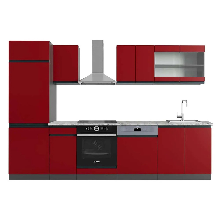 Vicco R-Line Küchenzeile modern in Rot, Anthrazit und Weiß mit Marmor-Optik, Breite: 300 cm, Höhe: 207 cm, Tiefe: 60 cm - Bild 2